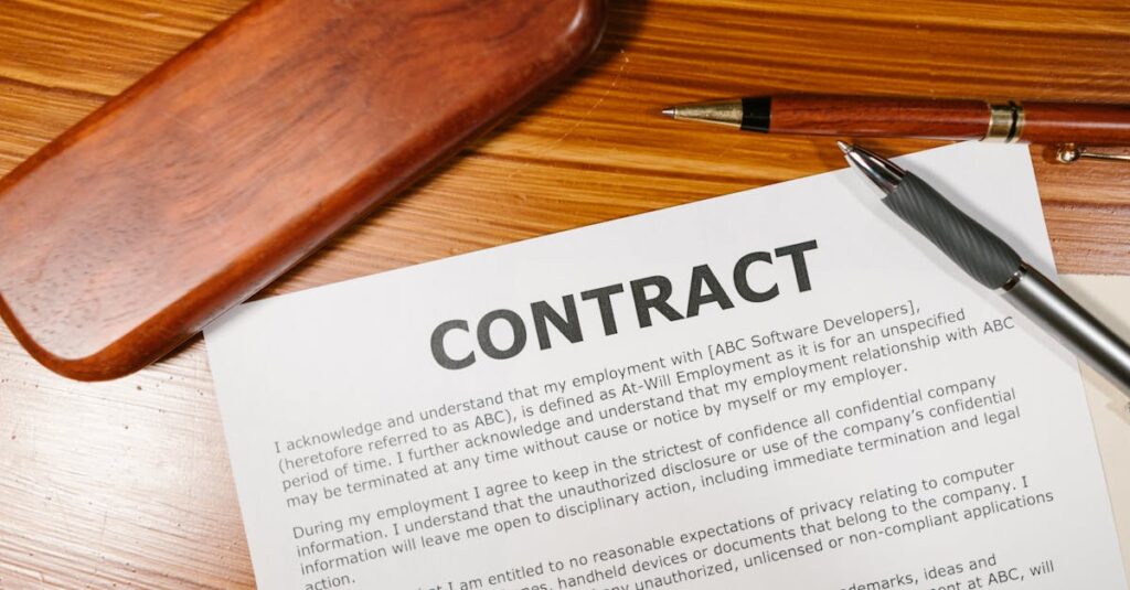 A close-up view of a contract and pen on a wooden desk, ideal for business themes.